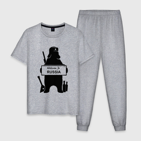 Мужская пижама хлопок с принтом Россия медведь балалайка водка ушанка , 100% хлопок | брюки и футболка прямого кроя, без карманов, на брюках мягкая резинка на поясе и по низу штанин
 | 