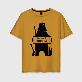 Женская футболка хлопок Oversize с принтом Россия медведь балалайка водка ушанка , 100% хлопок | свободный крой, круглый ворот, спущенный рукав, длина до линии бедер
 | 