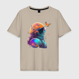 Мужская футболка хлопок Oversize с принтом Астронавт и бабочки   нейросеть в Курске, 100% хлопок | свободный крой, круглый ворот, “спинка” длиннее передней части | 