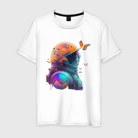 Мужская футболка хлопок с принтом Астронавт и бабочки   нейросеть в Санкт-Петербурге, 100% хлопок | прямой крой, круглый вырез горловины, длина до линии бедер, слегка спущенное плечо. | 