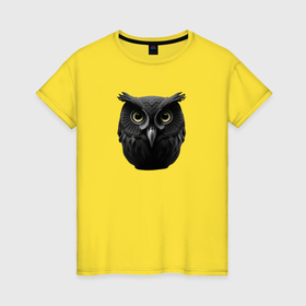 Женская футболка хлопок с принтом Чёрная сова   нейросеть в Кировске, 100% хлопок | прямой крой, круглый вырез горловины, длина до линии бедер, слегка спущенное плечо | 