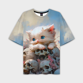 Мужская футболка oversize 3D с принтом Милый котик и кости от нейросети в Новосибирске,  |  | Тематика изображения на принте: 