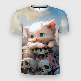 Мужская футболка 3D Slim с принтом Милый котик и кости от нейросети в Новосибирске, 100% полиэстер с улучшенными характеристиками | приталенный силуэт, круглая горловина, широкие плечи, сужается к линии бедра | Тематика изображения на принте: 