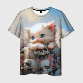 Мужская футболка 3D с принтом Милый котик и кости от нейросети в Рязани, 100% полиэфир | прямой крой, круглый вырез горловины, длина до линии бедер | 
