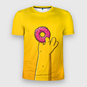 Мужская футболка 3D Slim с принтом Гомер и пончик в Курске, 100% полиэстер с улучшенными характеристиками | приталенный силуэт, круглая горловина, широкие плечи, сужается к линии бедра | Тематика изображения на принте: 