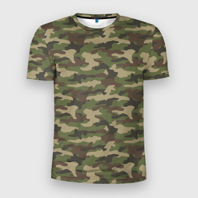 Мужская футболка 3D Slim с принтом Камуфляж лесной зелёный в Кировске, 100% полиэстер с улучшенными характеристиками | приталенный силуэт, круглая горловина, широкие плечи, сужается к линии бедра | Тематика изображения на принте: 