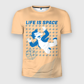 Мужская футболка 3D Slim с принтом Futurama: Life is Space в Новосибирске, 100% полиэстер с улучшенными характеристиками | приталенный силуэт, круглая горловина, широкие плечи, сужается к линии бедра | 