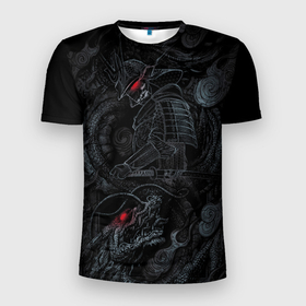 Мужская футболка 3D Slim с принтом Dragon and samurai в Екатеринбурге, 100% полиэстер с улучшенными характеристиками | приталенный силуэт, круглая горловина, широкие плечи, сужается к линии бедра | 