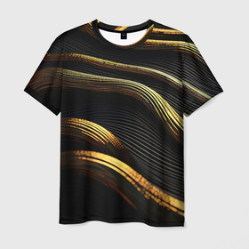 Мужская футболка 3D с принтом Золотистые волны абстракция в Курске, 100% полиэфир | прямой крой, круглый вырез горловины, длина до линии бедер | 