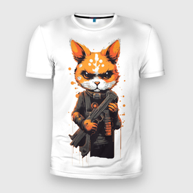 Мужская футболка 3D Slim с принтом Кот охранник в Кировске, 100% полиэстер с улучшенными характеристиками | приталенный силуэт, круглая горловина, широкие плечи, сужается к линии бедра | 