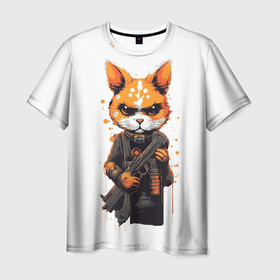 Мужская футболка 3D с принтом Кот охранник в Кировске, 100% полиэфир | прямой крой, круглый вырез горловины, длина до линии бедер | 