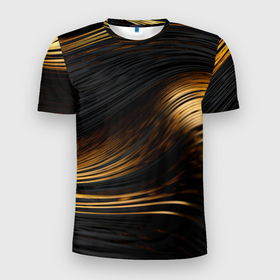 Мужская футболка 3D Slim с принтом Black gold waves в Белгороде, 100% полиэстер с улучшенными характеристиками | приталенный силуэт, круглая горловина, широкие плечи, сужается к линии бедра | Тематика изображения на принте: 