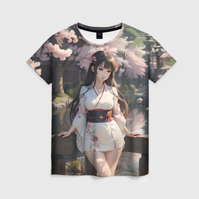 Женская футболка 3D с принтом Гейша в коротком кимоно на фоне сакуры в Кировске, 100% полиэфир ( синтетическое хлопкоподобное полотно) | прямой крой, круглый вырез горловины, длина до линии бедер | Тематика изображения на принте: 