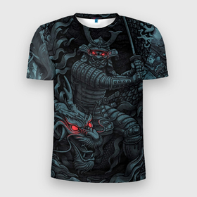 Мужская футболка 3D Slim с принтом Samurai and dragon в Екатеринбурге, 100% полиэстер с улучшенными характеристиками | приталенный силуэт, круглая горловина, широкие плечи, сужается к линии бедра | 