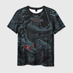 Мужская футболка 3D с принтом Samurai and dragon в Новосибирске, 100% полиэфир | прямой крой, круглый вырез горловины, длина до линии бедер | 