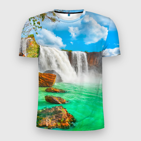 Мужская футболка 3D Slim с принтом Красочные водопады в Екатеринбурге, 100% полиэстер с улучшенными характеристиками | приталенный силуэт, круглая горловина, широкие плечи, сужается к линии бедра | 