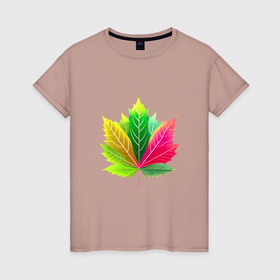 Женская футболка хлопок с принтом Разноцветный кленовый лист в Екатеринбурге, 100% хлопок | прямой крой, круглый вырез горловины, длина до линии бедер, слегка спущенное плечо | 