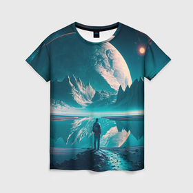 Женская футболка 3D с принтом Человек на неизвестной планете в Петрозаводске, 100% полиэфир ( синтетическое хлопкоподобное полотно) | прямой крой, круглый вырез горловины, длина до линии бедер | 