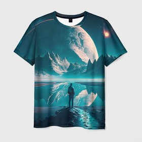 Мужская футболка 3D с принтом Человек на неизвестной планете , 100% полиэфир | прямой крой, круглый вырез горловины, длина до линии бедер | 