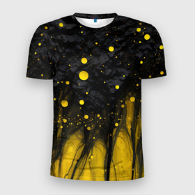 Мужская футболка 3D Slim с принтом Желтые брызги на черном фоне в Кировске, 100% полиэстер с улучшенными характеристиками | приталенный силуэт, круглая горловина, широкие плечи, сужается к линии бедра | 