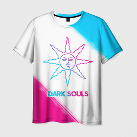 Мужская футболка 3D с принтом Dark Souls neon gradient style в Санкт-Петербурге, 100% полиэфир | прямой крой, круглый вырез горловины, длина до линии бедер | Тематика изображения на принте: 