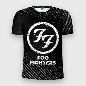 Мужская футболка 3D Slim с принтом Foo Fighters с потертостями на темном фоне , 100% полиэстер с улучшенными характеристиками | приталенный силуэт, круглая горловина, широкие плечи, сужается к линии бедра | 