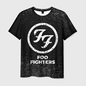Мужская футболка 3D с принтом Foo Fighters с потертостями на темном фоне , 100% полиэфир | прямой крой, круглый вырез горловины, длина до линии бедер | 