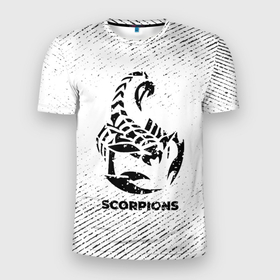 Мужская футболка 3D Slim с принтом Scorpions с потертостями на светлом фоне , 100% полиэстер с улучшенными характеристиками | приталенный силуэт, круглая горловина, широкие плечи, сужается к линии бедра | 