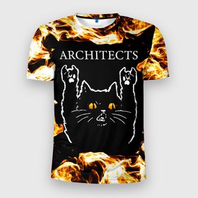 Мужская футболка 3D Slim с принтом Architects рок кот и огонь в Тюмени, 100% полиэстер с улучшенными характеристиками | приталенный силуэт, круглая горловина, широкие плечи, сужается к линии бедра | 