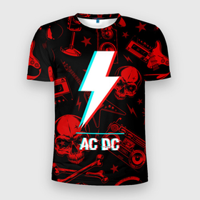 Мужская футболка 3D Slim с принтом AC DC rock glitch в Курске, 100% полиэстер с улучшенными характеристиками | приталенный силуэт, круглая горловина, широкие плечи, сужается к линии бедра | Тематика изображения на принте: 