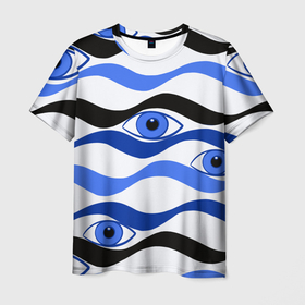 Мужская футболка 3D с принтом Глазки плывущие в голубых волнах , 100% полиэфир | прямой крой, круглый вырез горловины, длина до линии бедер | 