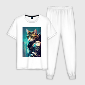 Мужская пижама хлопок с принтом Крутой котейка   киберпанк   нейросеть в Петрозаводске, 100% хлопок | брюки и футболка прямого кроя, без карманов, на брюках мягкая резинка на поясе и по низу штанин
 | 