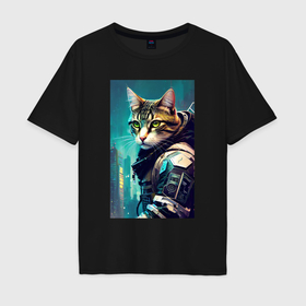 Мужская футболка хлопок Oversize с принтом Крутой котейка   киберпанк   нейросеть в Кировске, 100% хлопок | свободный крой, круглый ворот, “спинка” длиннее передней части | 
