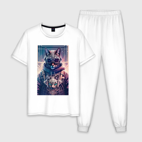 Мужская пижама хлопок с принтом Кот с котёнком   киберпанк   нейросеть , 100% хлопок | брюки и футболка прямого кроя, без карманов, на брюках мягкая резинка на поясе и по низу штанин
 | 