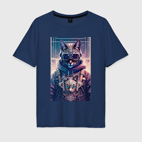 Мужская футболка хлопок Oversize с принтом Кот с котёнком   киберпанк   нейросеть , 100% хлопок | свободный крой, круглый ворот, “спинка” длиннее передней части | Тематика изображения на принте: 