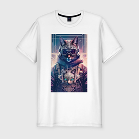 Мужская футболка хлопок Slim с принтом Кот с котёнком   киберпанк   нейросеть в Петрозаводске, 92% хлопок, 8% лайкра | приталенный силуэт, круглый вырез ворота, длина до линии бедра, короткий рукав | 