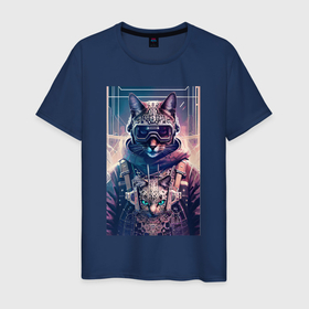 Мужская футболка хлопок с принтом Кот с котёнком   киберпанк   нейросеть , 100% хлопок | прямой крой, круглый вырез горловины, длина до линии бедер, слегка спущенное плечо. | Тематика изображения на принте: 