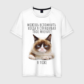 Мужская футболка хлопок с принтом Кот ворчун мем в Санкт-Петербурге, 100% хлопок | прямой крой, круглый вырез горловины, длина до линии бедер, слегка спущенное плечо. | 
