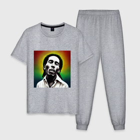 Мужская пижама хлопок с принтом Боб Марли в традиционном триколоре в Тюмени, 100% хлопок | брюки и футболка прямого кроя, без карманов, на брюках мягкая резинка на поясе и по низу штанин
 | 