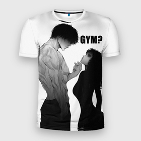 Мужская футболка 3D Slim с принтом Gym Гигачад и фитоняшка в Санкт-Петербурге, 100% полиэстер с улучшенными характеристиками | приталенный силуэт, круглая горловина, широкие плечи, сужается к линии бедра | 