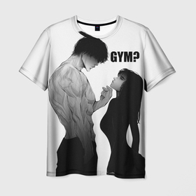Мужская футболка 3D с принтом Gym Гигачад и фитоняшка в Санкт-Петербурге, 100% полиэфир | прямой крой, круглый вырез горловины, длина до линии бедер | 