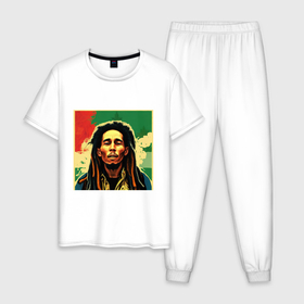 Мужская пижама хлопок с принтом Боб Марли в красных цветах граффити в Тюмени, 100% хлопок | брюки и футболка прямого кроя, без карманов, на брюках мягкая резинка на поясе и по низу штанин
 | 