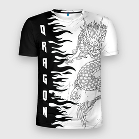 Мужская футболка 3D Slim с принтом Fire and the Dragon в Кировске, 100% полиэстер с улучшенными характеристиками | приталенный силуэт, круглая горловина, широкие плечи, сужается к линии бедра | Тематика изображения на принте: 
