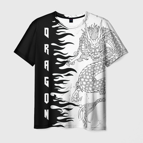 Мужская футболка 3D с принтом Fire and the Dragon в Кировске, 100% полиэфир | прямой крой, круглый вырез горловины, длина до линии бедер | Тематика изображения на принте: 