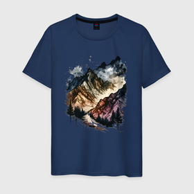 Мужская футболка хлопок с принтом dark mountains в Рязани, 100% хлопок | прямой крой, круглый вырез горловины, длина до линии бедер, слегка спущенное плечо. | 