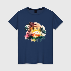 Женская футболка хлопок с принтом Sunset on the beach , 100% хлопок | прямой крой, круглый вырез горловины, длина до линии бедер, слегка спущенное плечо | 