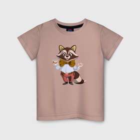 Детская футболка хлопок с принтом Енот с чашкой кофе в Петрозаводске, 100% хлопок | круглый вырез горловины, полуприлегающий силуэт, длина до линии бедер | 