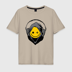 Мужская футболка хлопок Oversize с принтом Смайлик в наушниках smiley face in headphones в Новосибирске, 100% хлопок | свободный крой, круглый ворот, “спинка” длиннее передней части | 