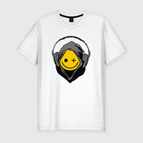 Мужская футболка хлопок Slim с принтом Смайлик в наушниках smiley face in headphones в Курске, 92% хлопок, 8% лайкра | приталенный силуэт, круглый вырез ворота, длина до линии бедра, короткий рукав | 