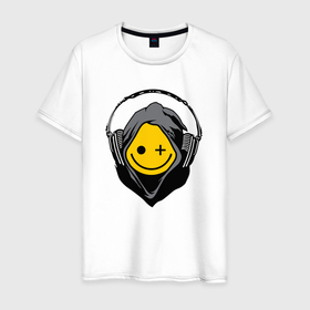 Мужская футболка хлопок с принтом Смайлик в наушниках smiley face in headphones в Курске, 100% хлопок | прямой крой, круглый вырез горловины, длина до линии бедер, слегка спущенное плечо. | 